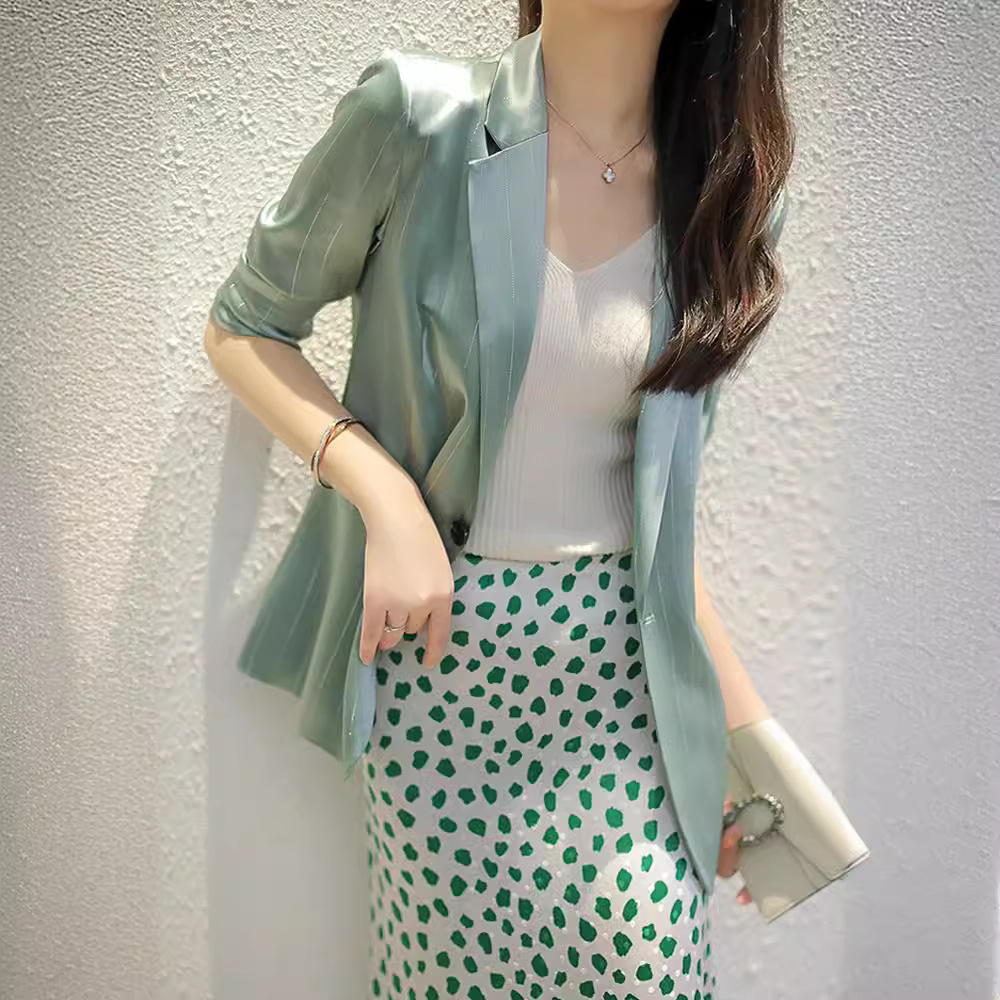 日本cherrykoko亮丝条纹西服夏 七分袖薄荷绿色西装外套薄款女