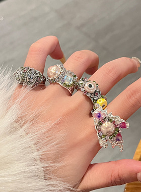 日系CoopKoop法式小众设计亮银锡纸风宝石镶嵌开口戒指女ins小众