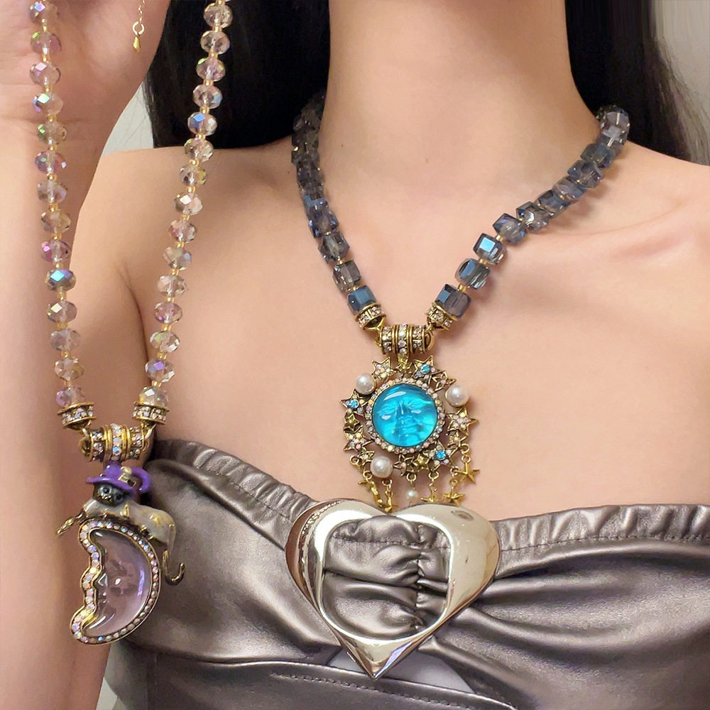 日系CoopKoop复古vintage 彩色摩恩脸月亮星星串珠项链女小众