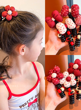 儿童红色花朵电话线发圈女童甜美泡泡辫蝴蝶结发绳宝宝高马尾发饰