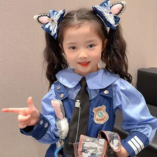 女童宝宝可爱兔耳发卡儿童兔子警官朱迪头饰小女孩蝴蝶结飘带对夹