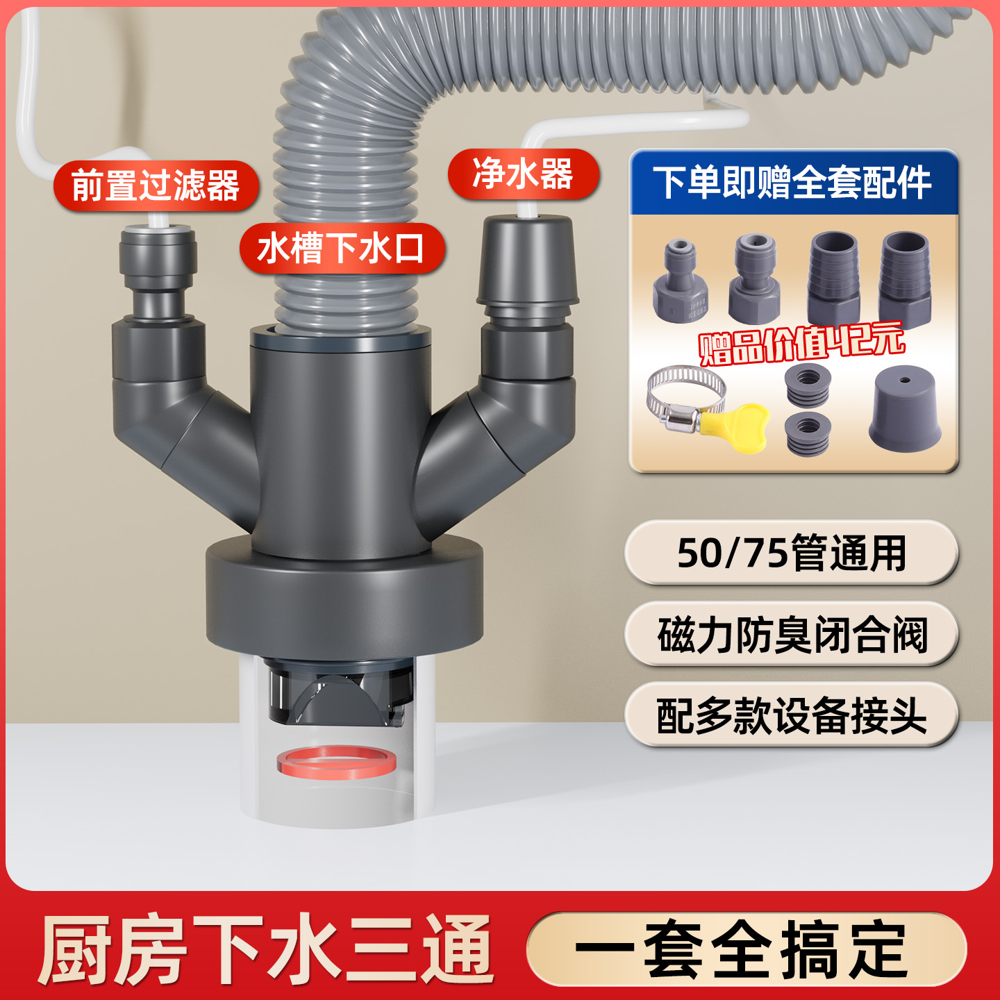 厨房下水管三通分流器防返臭神器