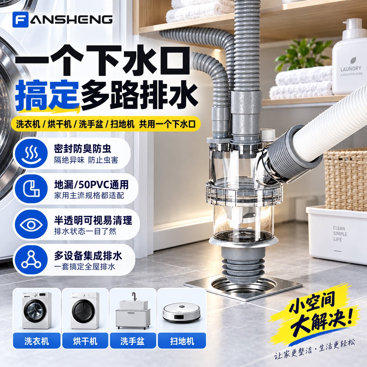 阳台洗衣机下水管三通接头地漏烘干机扫地机排水管道一拖三分水器