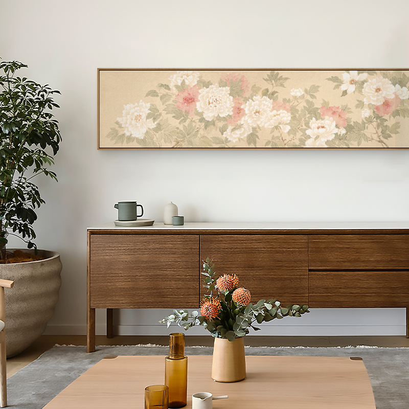 新中式客厅沙发背景墙花鸟装饰画侘寂风茶室民宿横幅挂画牡丹图图片