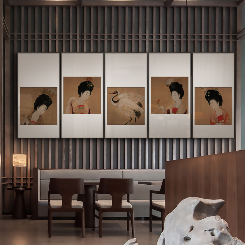 新中式人像装饰画软装售楼处酒店民宿工装玄关过道多联仕女佛挂画