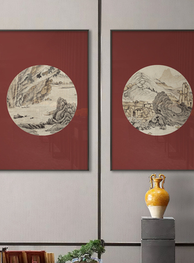 新中式玄关装饰画软装样板房酒店别墅民宿售楼处多联红色禅意挂画