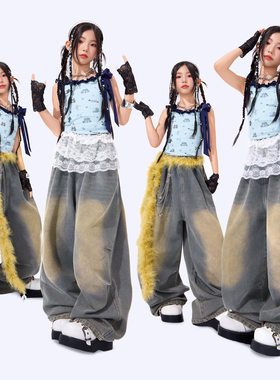 女童爵士舞服装蓝色上衣裤子女团