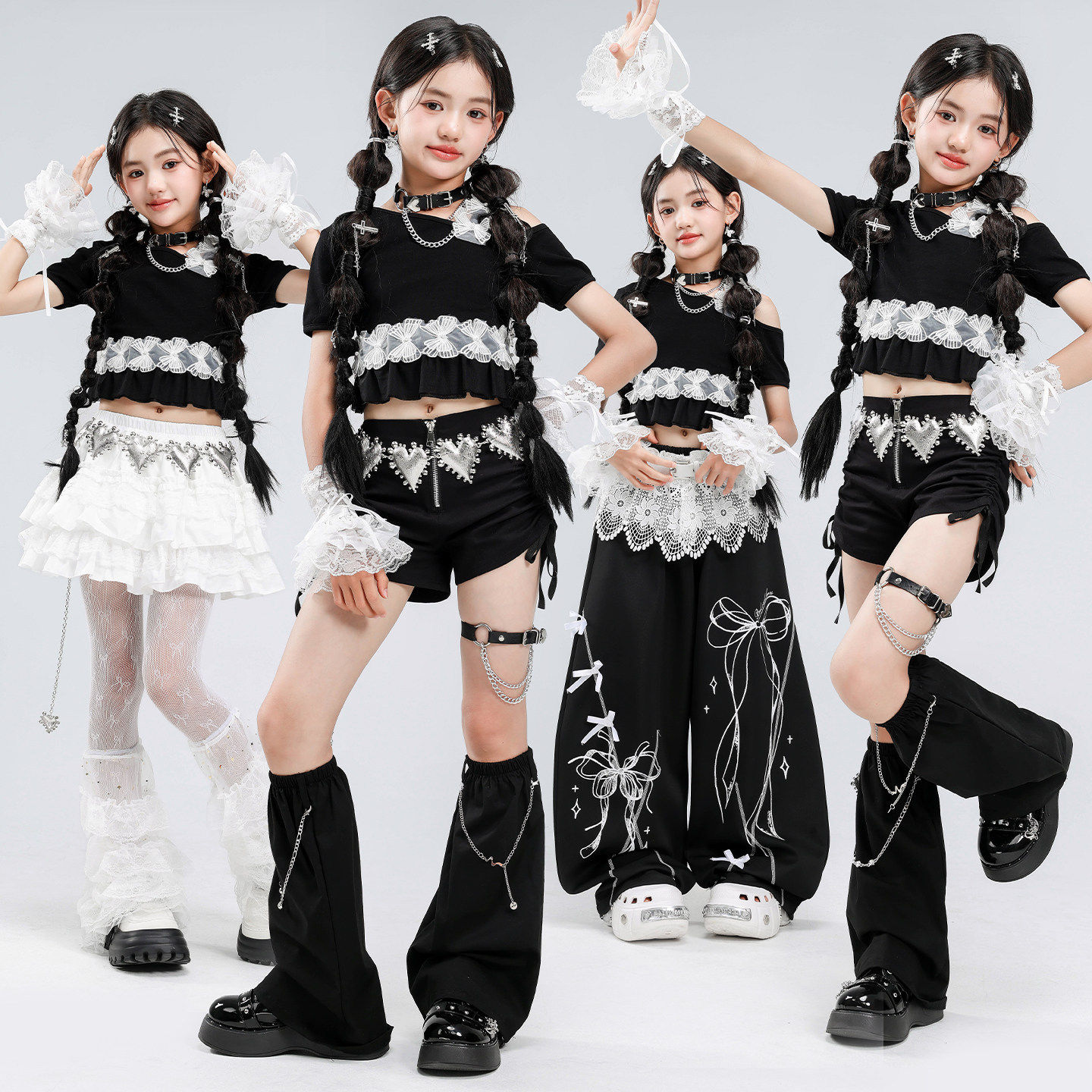 女童爵士舞服装时髦黑白蕾丝蝴蝶