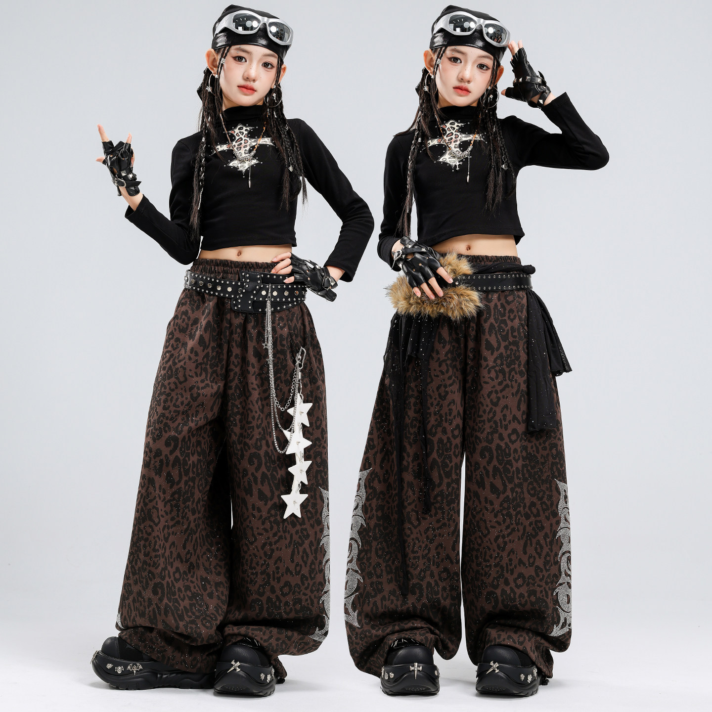少儿爵士舞服装露脐女童十字豹