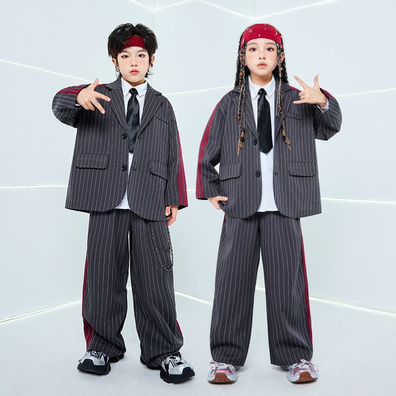 儿童爵士舞套装灰色条纹西装男童潮服少儿街舞演出服hiphop嘻哈女