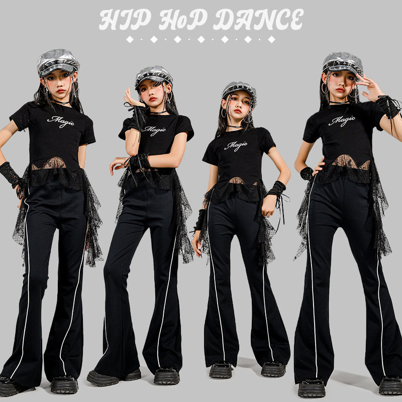 女童嘻哈爵士舞服装女孩蕾丝短袖套装时髦少儿T台走秀高腰街舞裤8