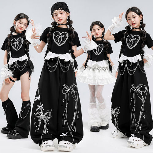 少儿爵士舞服装女孩露脐爱心黑白