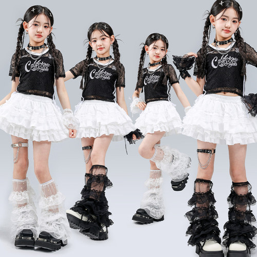 女童爵士舞服装jazz黑白露脐