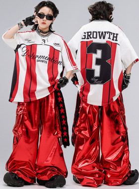 儿童街舞服装嘻哈男童潮服hiphop潮牌童装红色亮皮男孩走秀表演服
