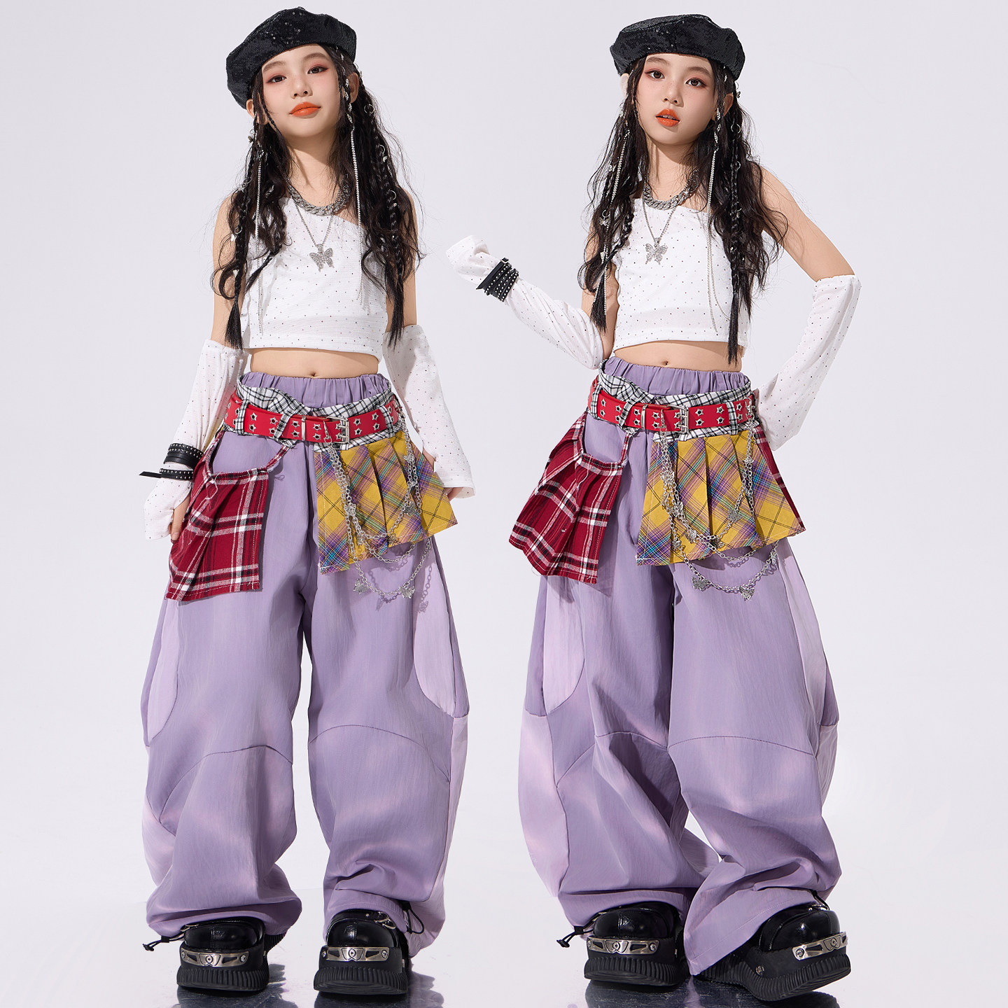 女童爵士舞服装白色斜肩少儿练功服套装jazz穿搭儿童街舞演出服女