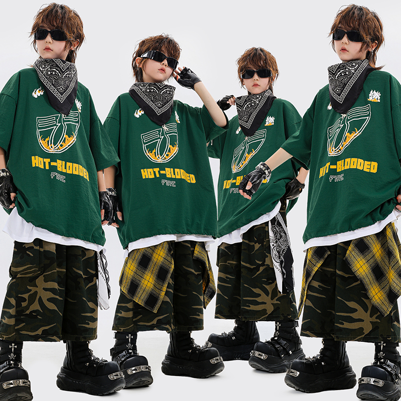 街舞儿 童潮服嘻哈男女 童hiphop绿色短袖迷彩裤套装炸街演出服夏