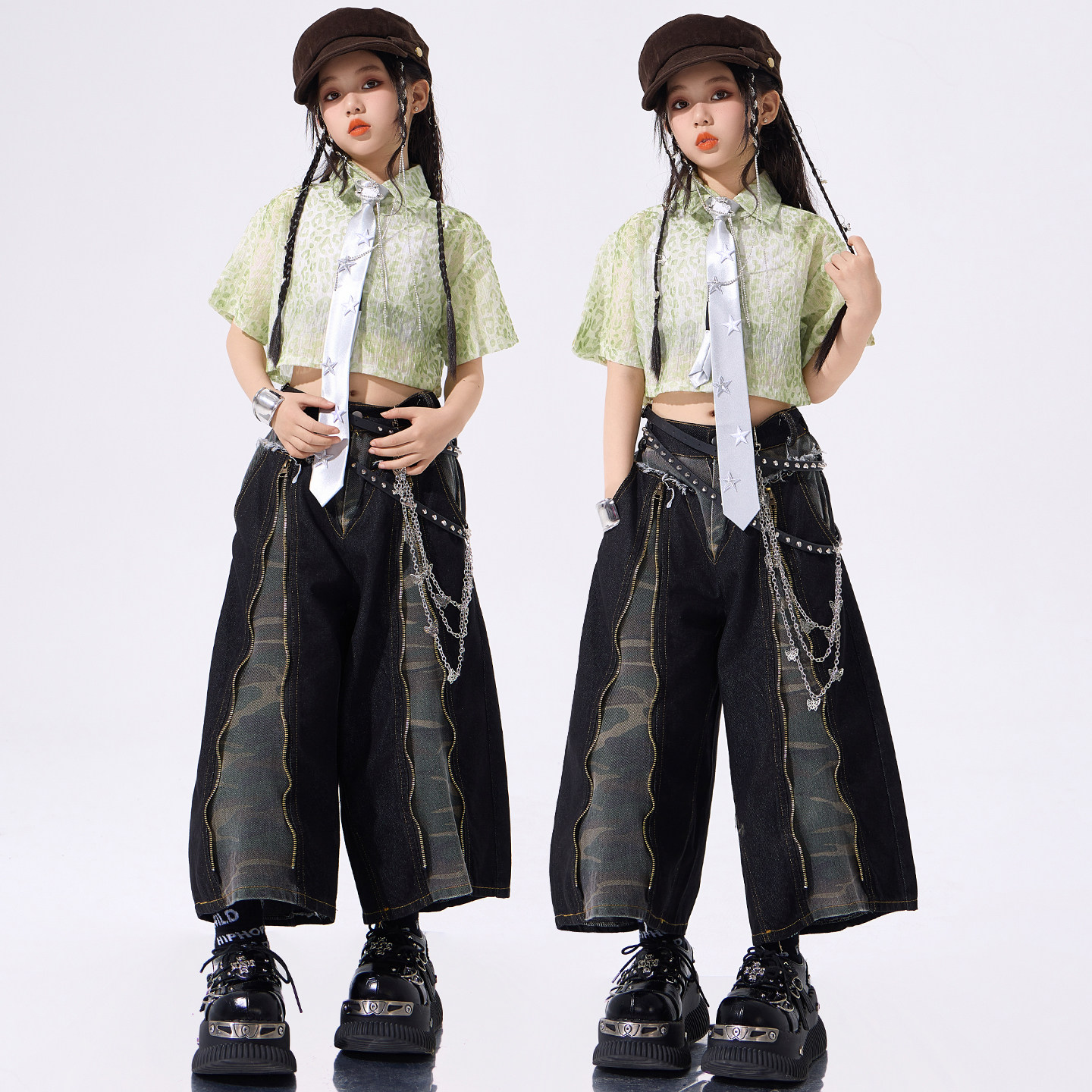 女童爵士舞服装绿色露脐衬衫少儿练功服jazz穿搭儿童街舞演出服潮
