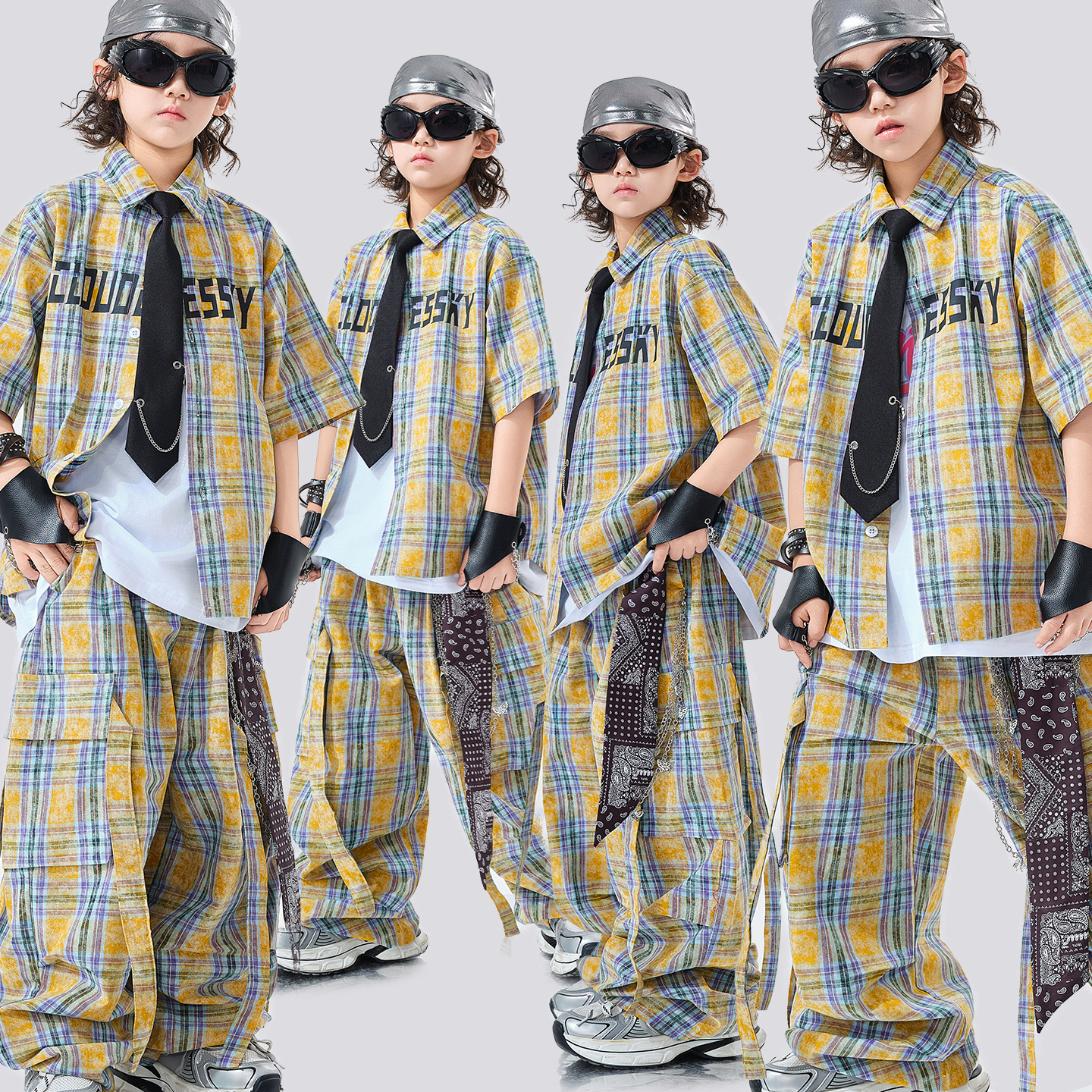 架子鼓演出服男 童炸街酷帅衬衫童 装少儿hiphop演出服嘻哈爵士舞