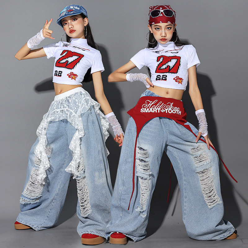 女 童爵士舞演出服少儿jazz走秀套装儿 童街舞服装女孩牛仔裤子潮