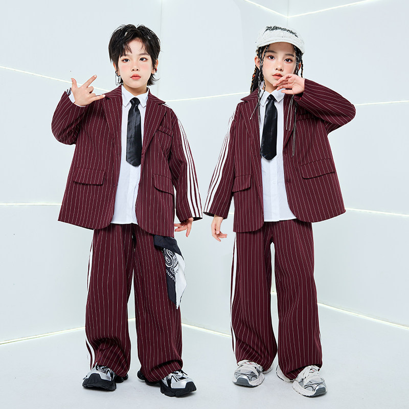 儿童爵士舞套装酒红条纹西装男童潮服少儿街舞演出服hiphop女走秀