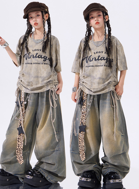 女童爵士舞服装走秀灰色上衣牛仔裤套装jazz女孩街舞潮服演出服夏