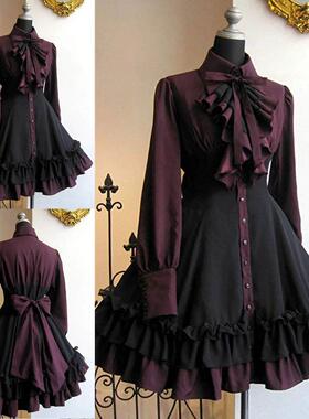 Women Vintage Palace Lolita Dress Bow Collar High Waist Vict