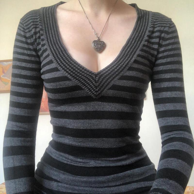 Y2K Grunge Emo 00s Vintage T Shirt Black Grey Striped V Neck