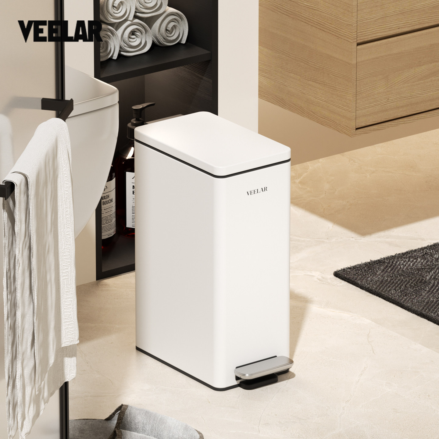 VEELAR卫生间垃圾桶室内家用高颜值厕所夹缝带盖脚踩窄缝小卫生桶