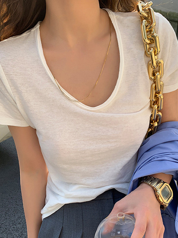 白色低领t恤女潮夏大领口韩版宽松气质百搭显瘦打底内搭短袖上衣