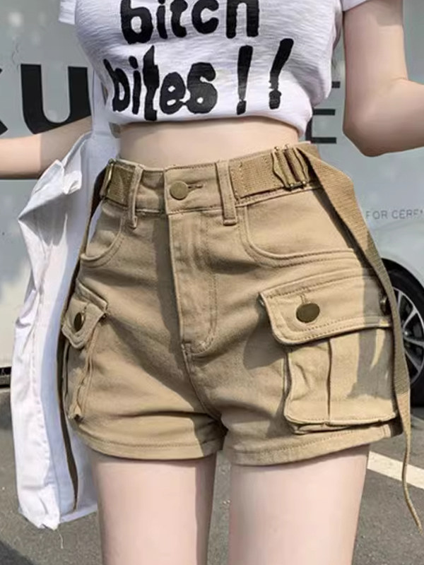 美国卡其色工装短裤女性夏季2025新高腰纤细腰带性感女孩a线宽腿