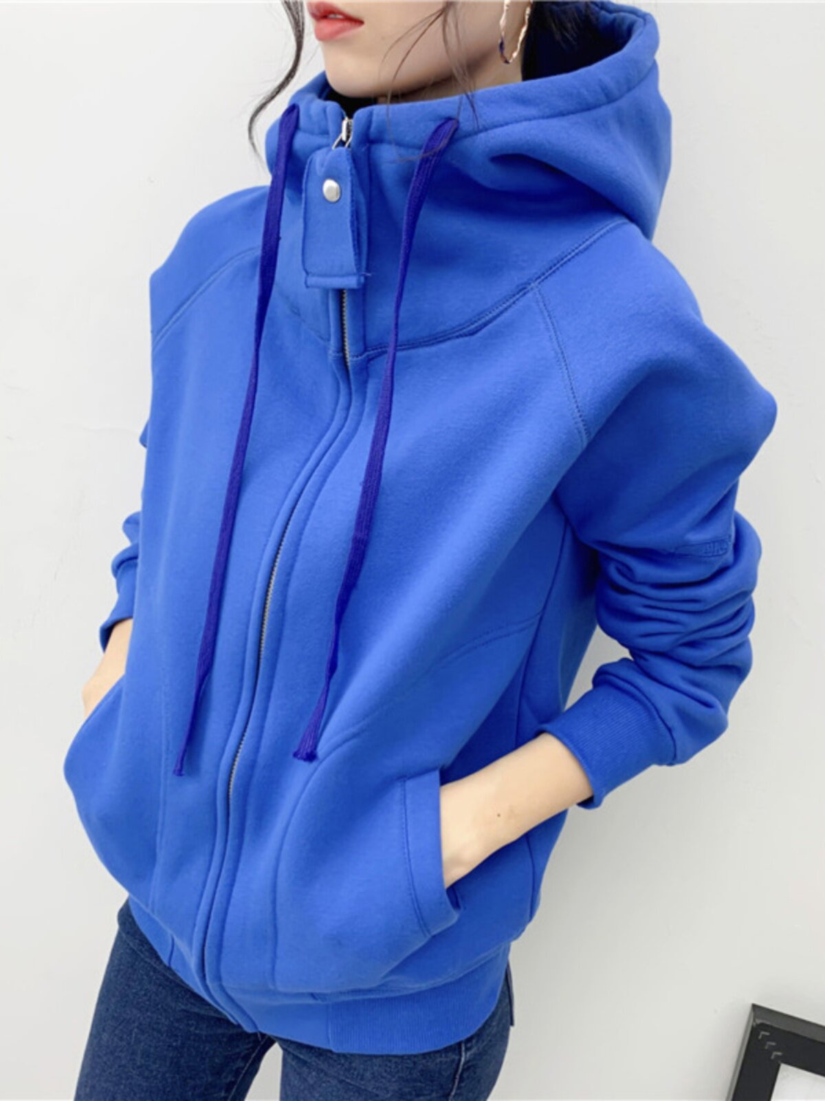 蓝色连帽卫衣外套女春秋冬新款修身显瘦大码百搭休闲运动开衫上衣
