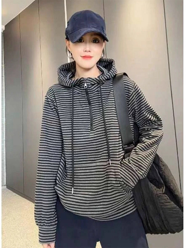 韩系双面绒条纹连帽卫衣女春秋季2025新款宽松慵懒风休闲外套上衣