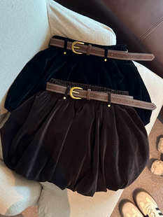 高级感咖色丝绒花苞半身裙女秋冬新款高腰显瘦小个子辣妹A字短裙