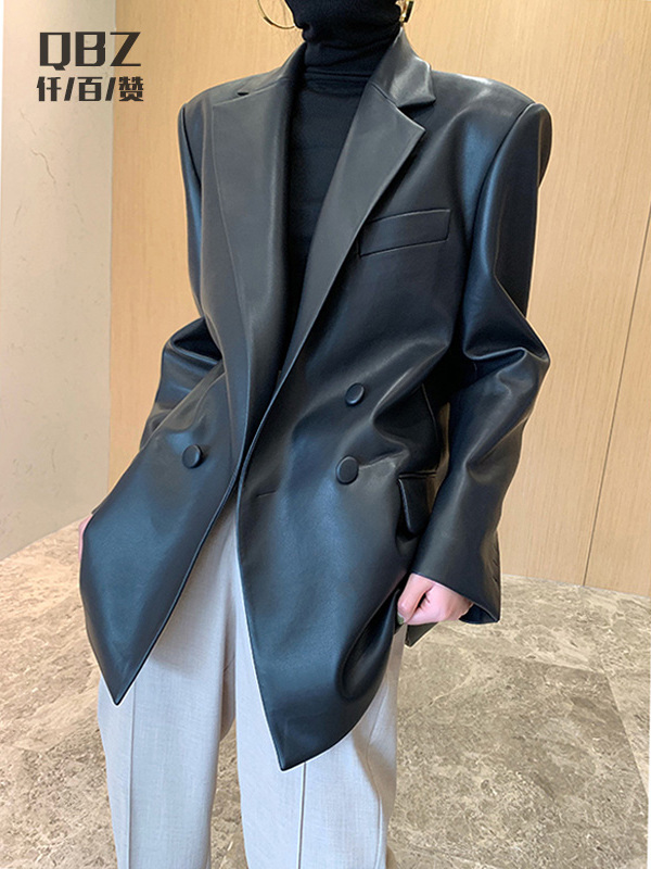 黑色皮衣外套女春秋冬覆古韩版爆款高级感廓形pu皮中长款西装外套