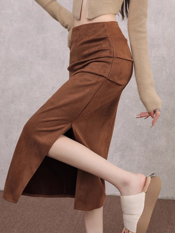 美拉德麂皮绒半身裙女秋冬新款高腰显瘦中长款直筒开叉一步包臀裙