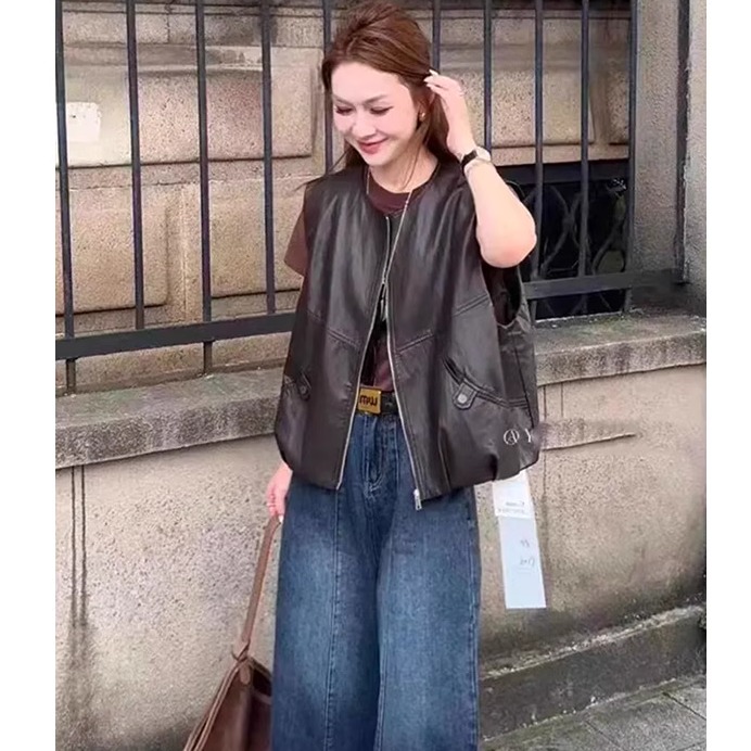 韩系咖色PU皮马甲女春秋季新款宽松显瘦洋气减龄休闲马夹外套上衣