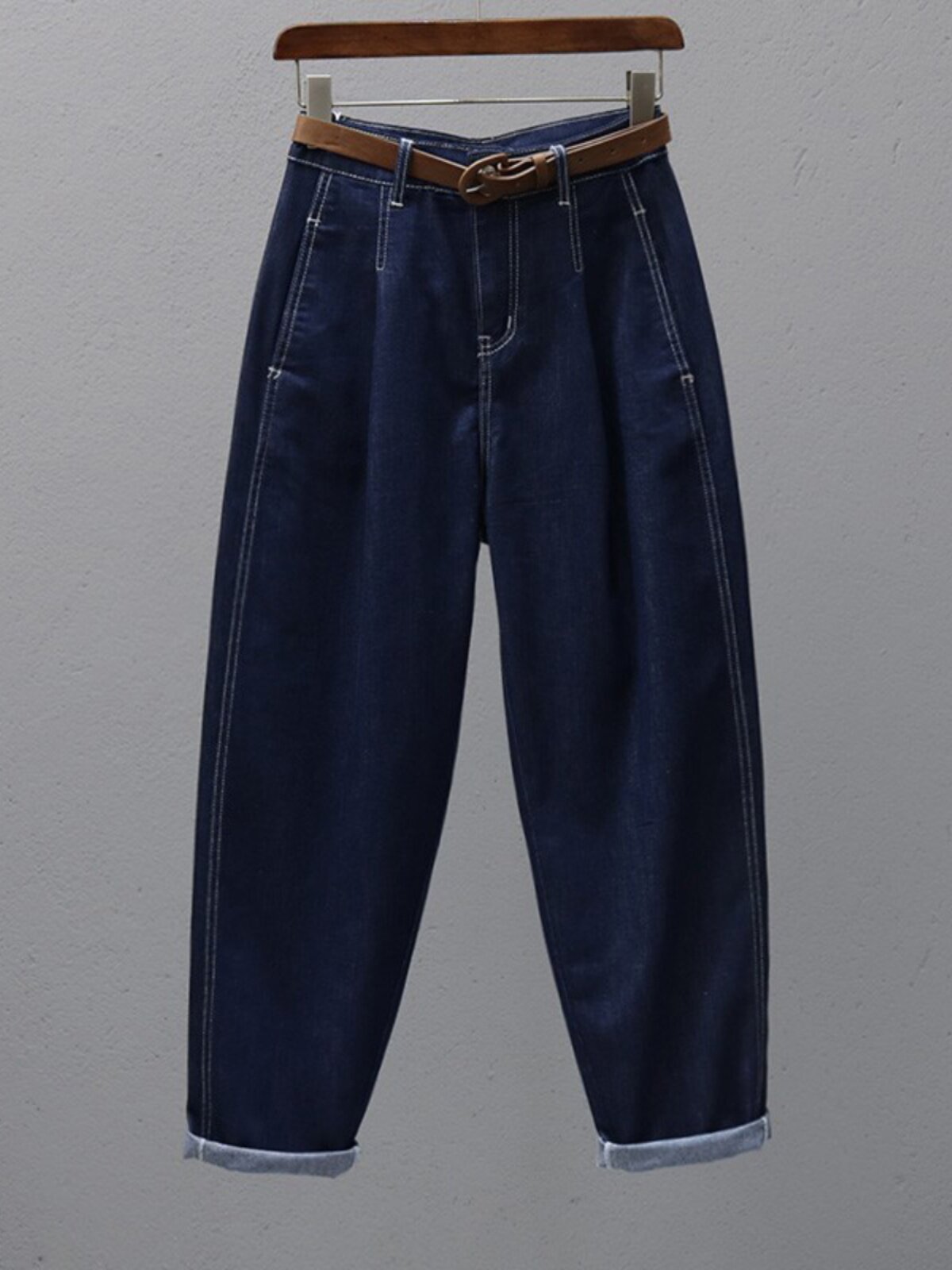 深蓝色牛仔裤女春秋冬高腰显瘦宽松小个子百搭休闲哈伦萝卜老爹裤