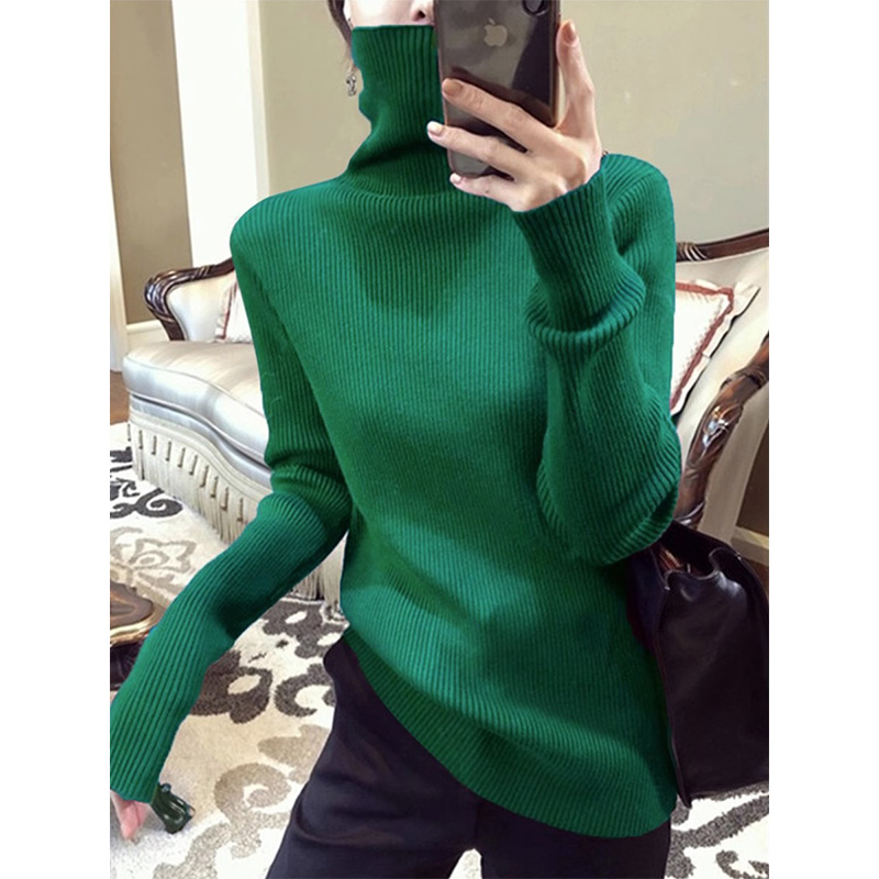 绿色高领针织打底衫女秋冬新款内搭修身显瘦洋气长袖套头羊绒毛衣