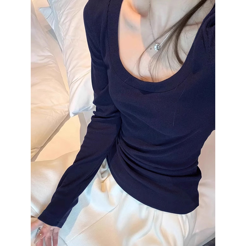 辣妹藏蓝色U领打底衫女春秋2025新款内搭修身性感低领长袖t恤上衣