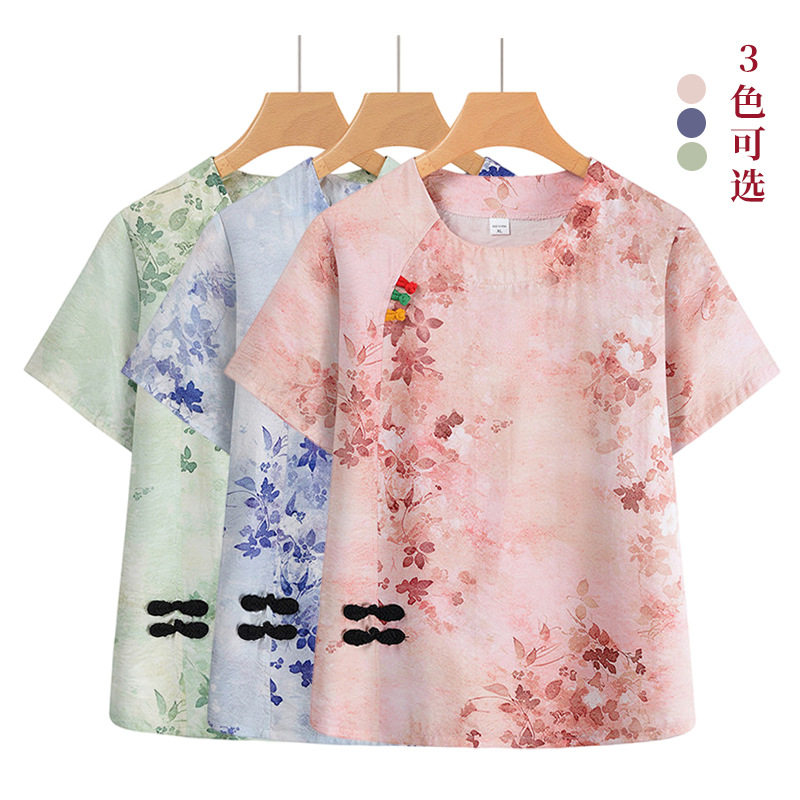 源头工厂夏季国风奶奶民族风洋气国风妈妈装套装上衣夏天两件套女