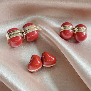 安可拉红色复古圆形耳钉耳环爱心无耳洞方形珍珠磁性吸铁石耳夹女