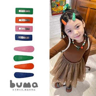 buma好看 女孩发饰皮质对夹侧边刘海夹 真皮手工发夹新款
