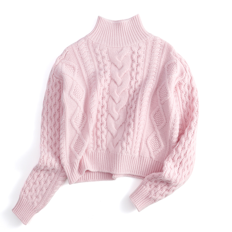 法国客户CASHMERE！高领绞花羊绒衫女锁链设计短款加厚针织毛衣