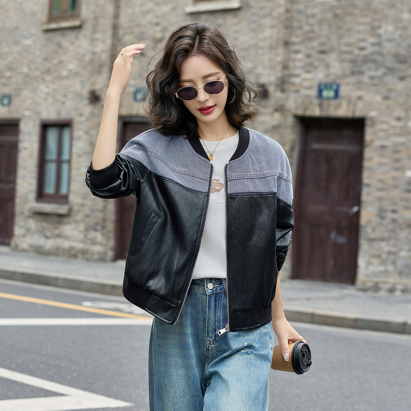 牛仔拼接皮衣外套女短款2025秋季新款复古休闲百搭棒球服夹克