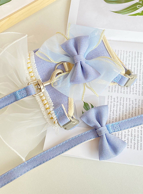 猫咪牵引绳背心式防挣脱外出专用可爱蝴蝶结胸背带高颜值蓝色猫链