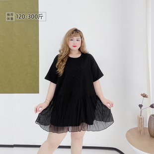 胖莹莹大码女装300斤胖mm潮酷烫钻黑色减龄网纱蓬蓬裙短款连衣裙