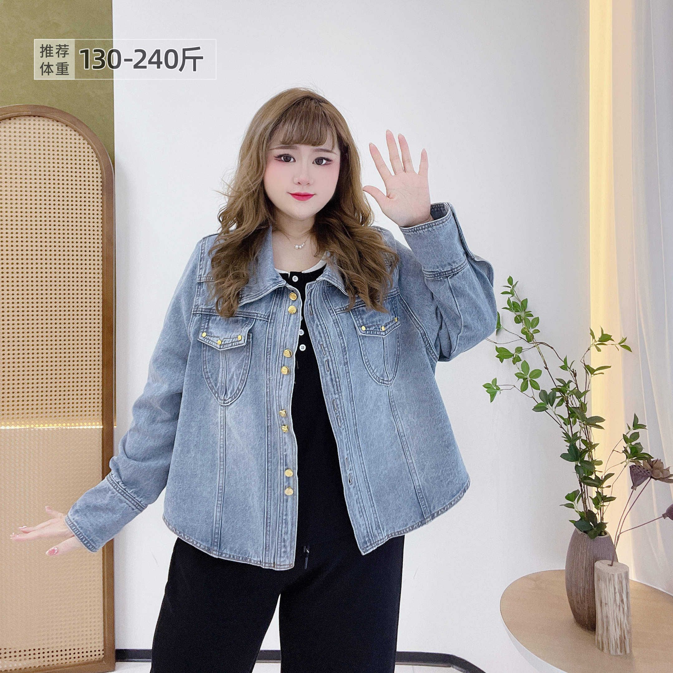 大码复古美式蓝色宽松牛仔外套