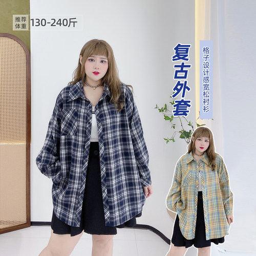 格子设计感宽松大码衬衫