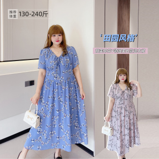 连衣裙 显瘦收腰V领长款 240斤胖妞甜美碎花通勤复古胖莹莹大码 女装