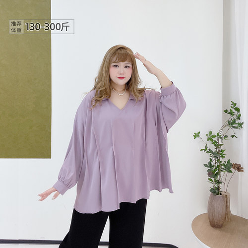 大码温柔设计感掐褶宽松衬衫